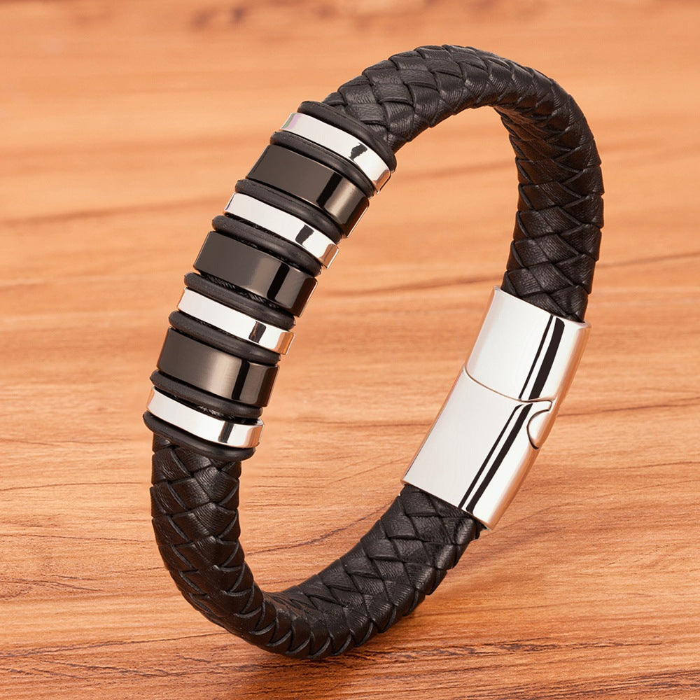 Men's Fashion Woven Rope Black Leather Simple Stainless Steel Bracelets