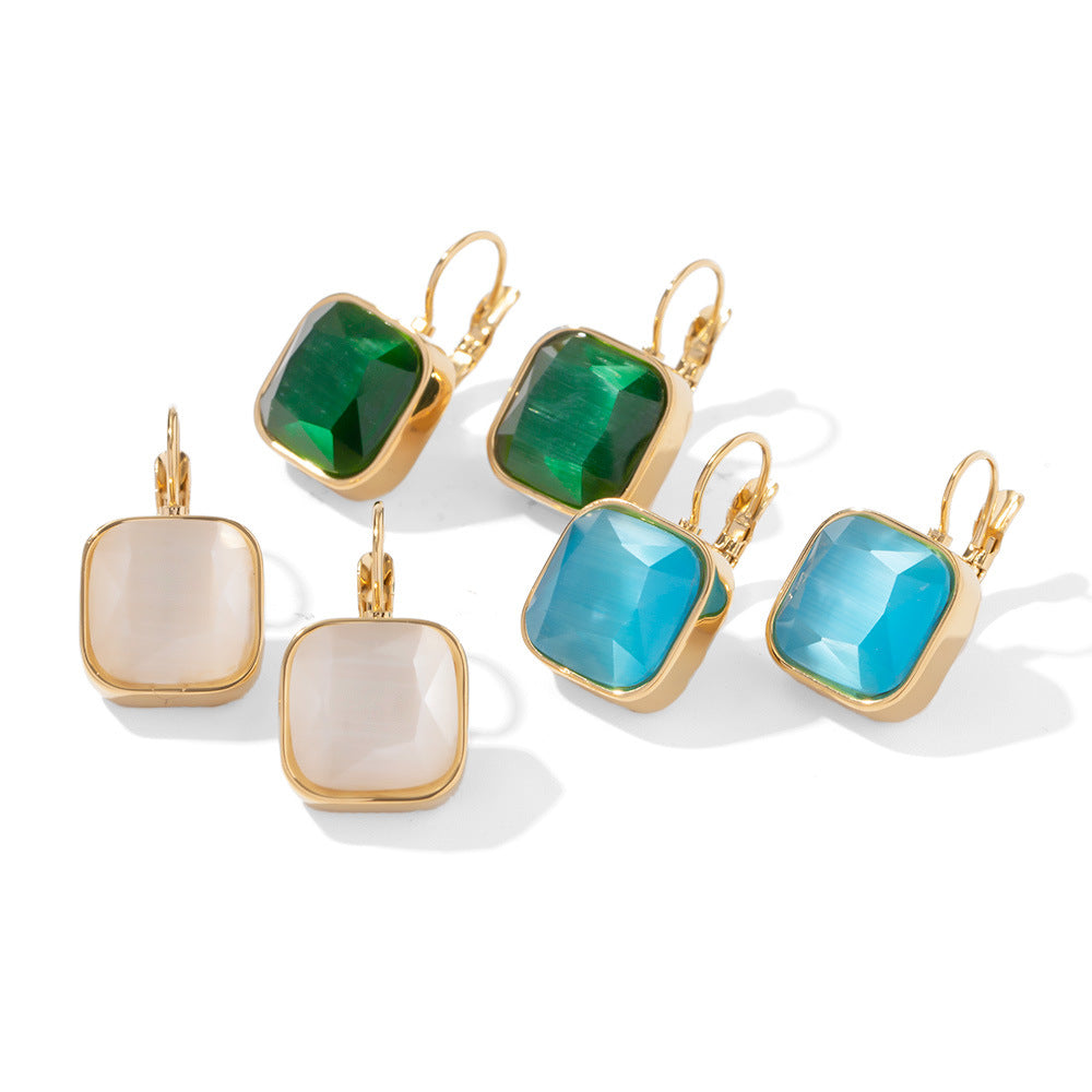 Women's Steel Gold-plated Stainless Square Color Opal Earrings