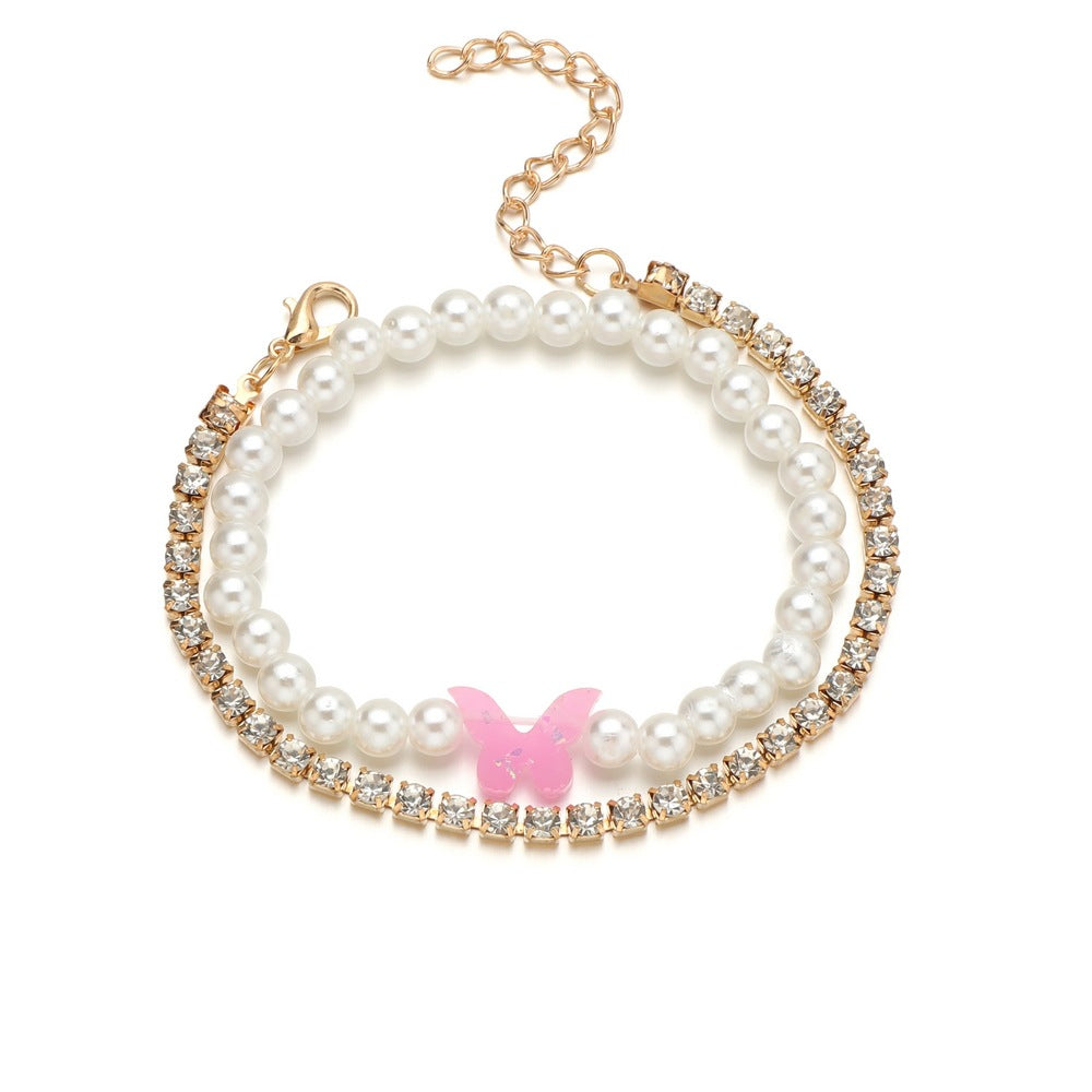 Women's Fashion Diamond Butterfly Stringed Pearls Ornament Bracelets