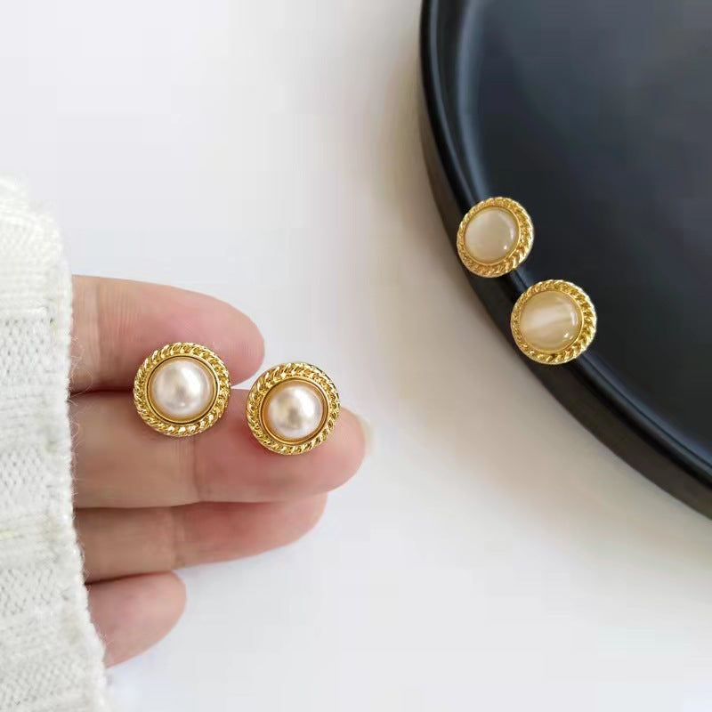 Sier Needle Simple Compact Pearl Graceful Geometric Cat Stud Earrings