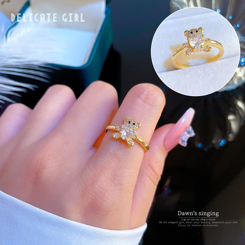 Real Gold Diamond Bear Open Female Minority Simple Rings