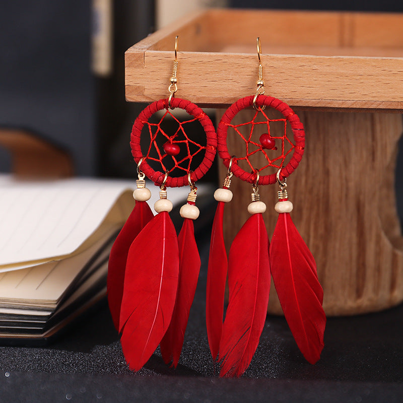 Bohemian Feather Niche Design Red Chinese Style Earrings