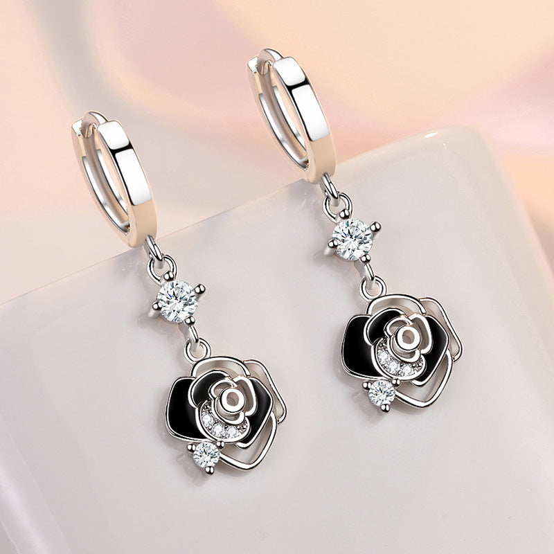 Boucles d'oreilles longues élégantes de Style coréen à la mode Rose noire pour femmes