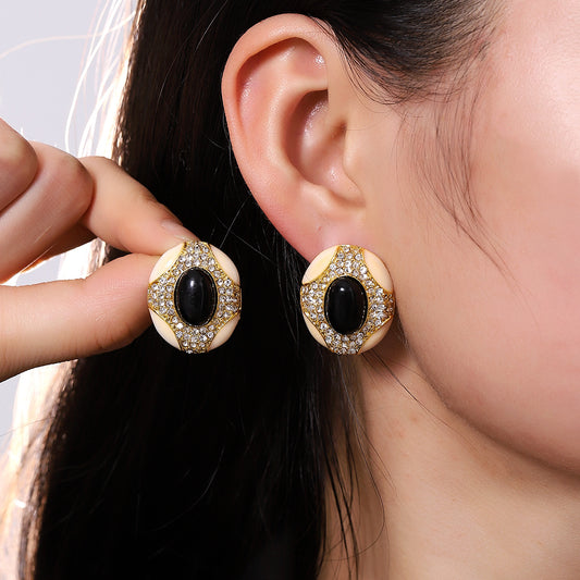 Oval Middle Ancient Dripping Oil Rhinestone Palace Style Earrings