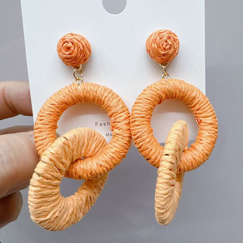 Straw Round Double Design Ethnic Style Graceful Fashionable Island Vacation Earrings