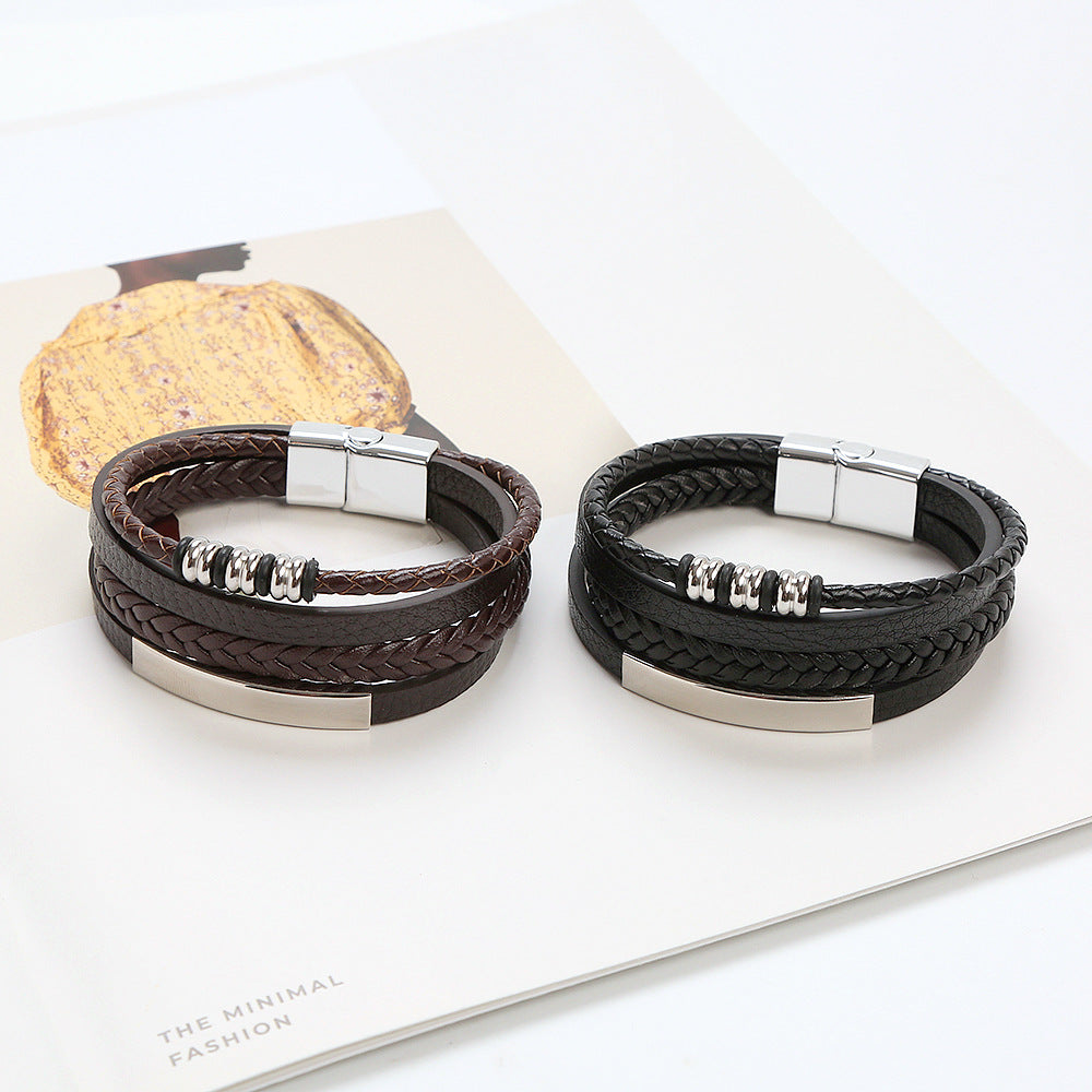 Men's Steel Magnetic Buckle Leather Cowhide String Bracelets