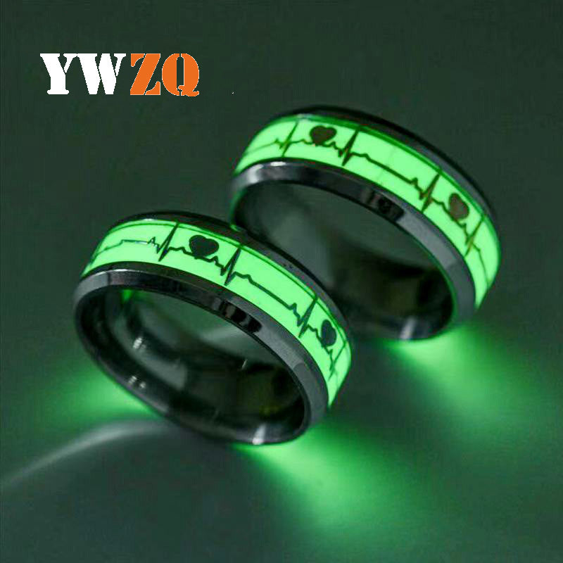 Titanium Steel Ecg Fluorescent Ornament Stainless Heartbeat Rings