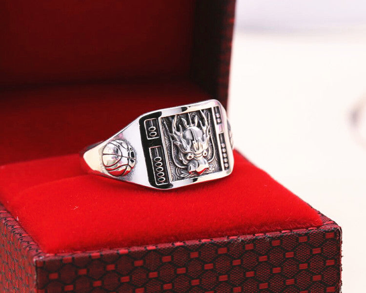 Men's Sterling Sier Fu Character Fortune Dragon Rings