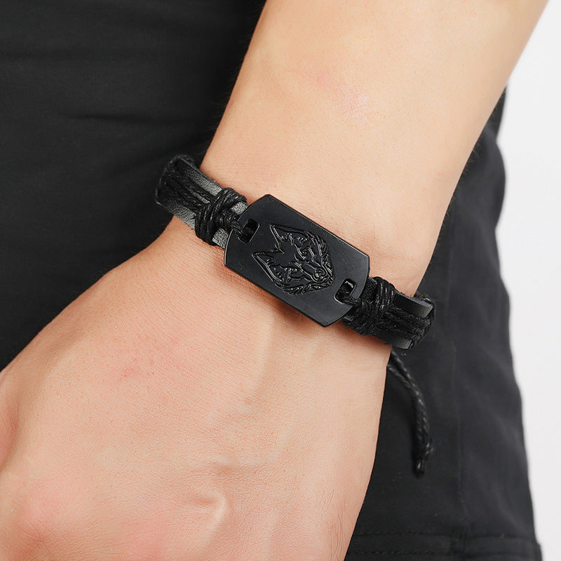 Herren-Lederarmbänder mit schwarzem Wolfskopf und geflochtenem Seil