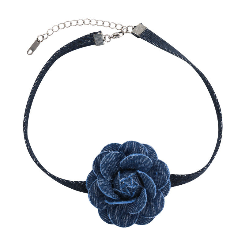 Retro Elegant Three-dimensional Denim Blue Flower Necklaces