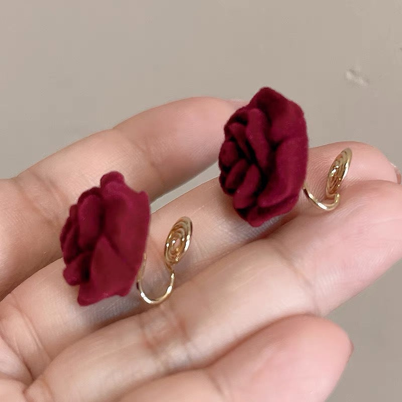 Flocking Vintage Rose High-grade Wine Red Flower Temperament Earrings