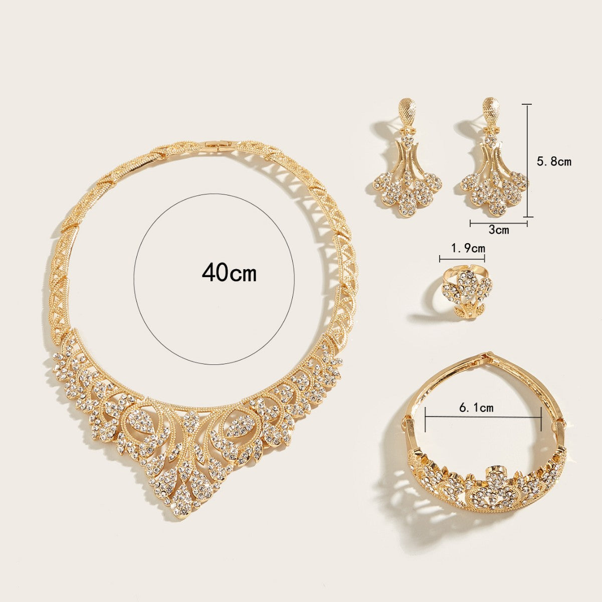 Women's Bridal Bachelor Party Gorgeous Elegant Collar Full Diamond Gold Jewelry Set