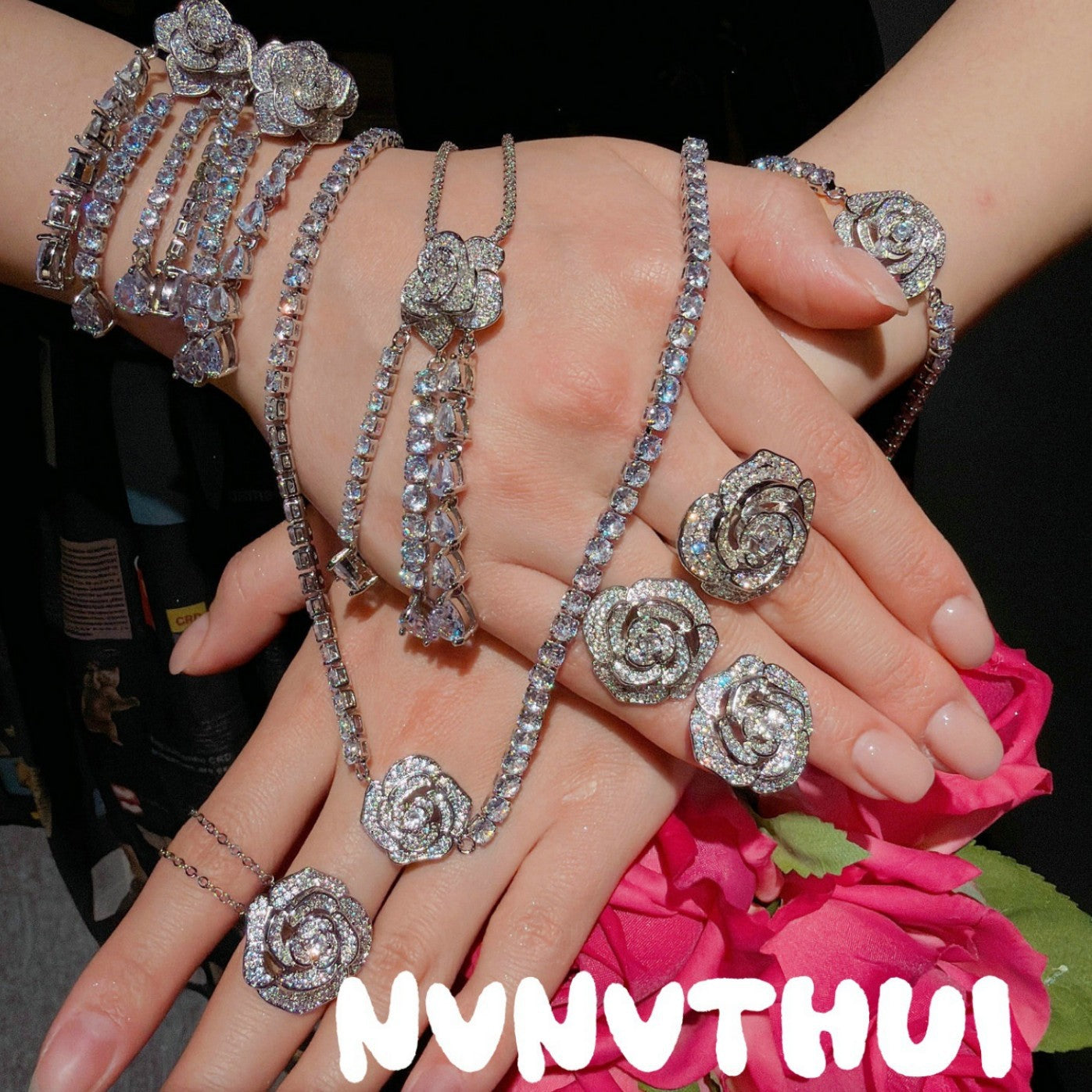 Flower Gem Gold-plated Zircon Full Diamond Clavicle Chain Earrings