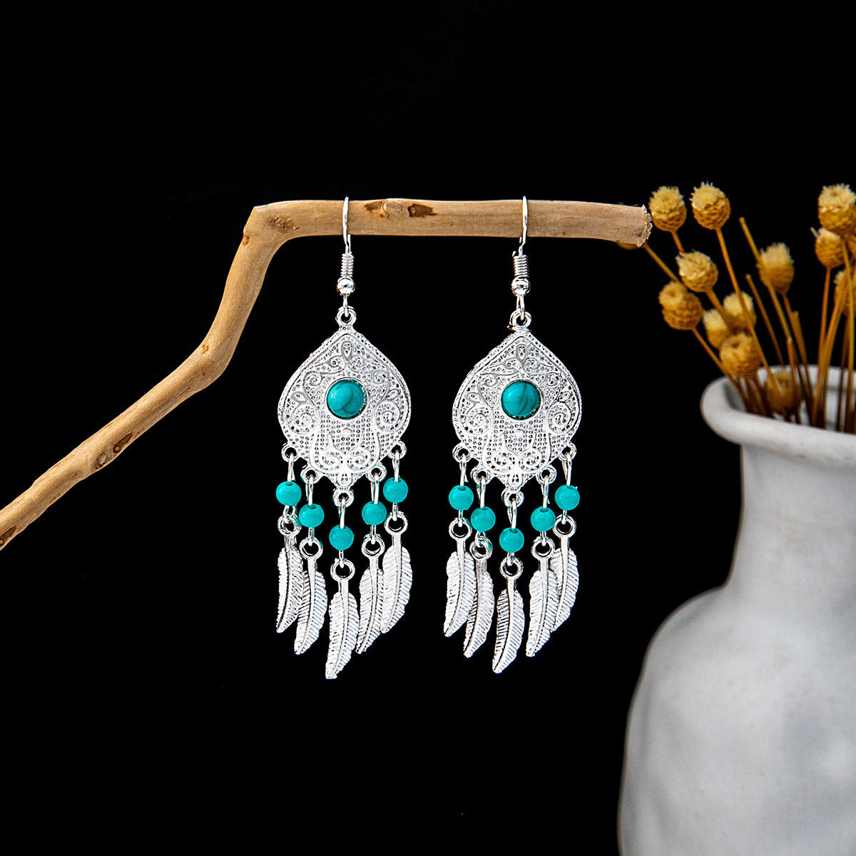 Ethnic Style Imitation Miao Sier Colorful Long Feather Tassel Earrings