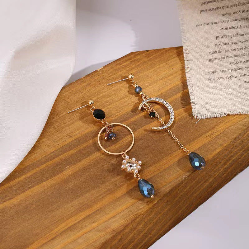 Water Drop Moon Blue Shiny Diamond Tassel Rings
