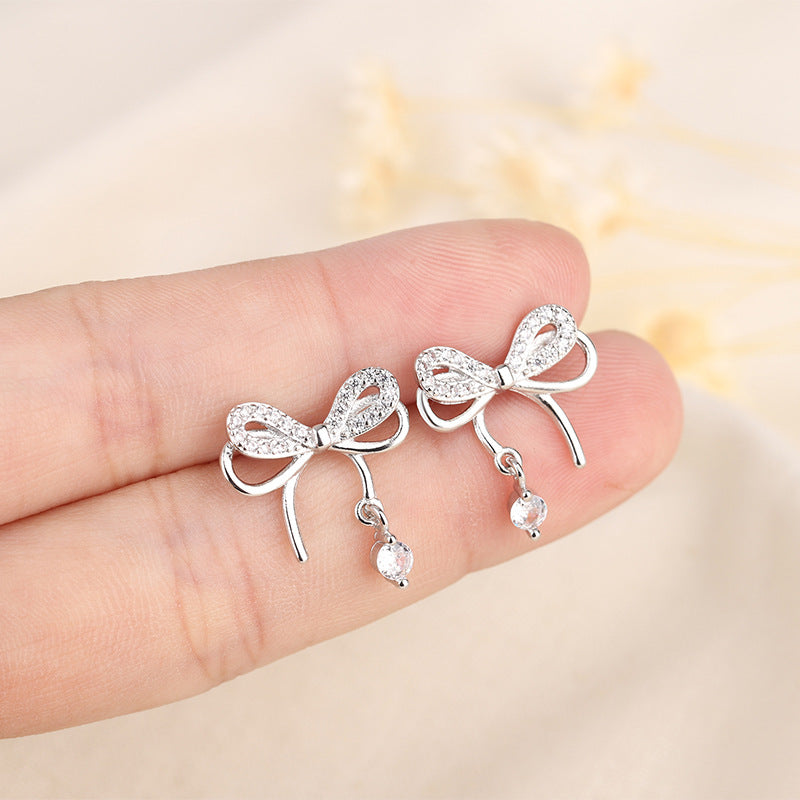 Layer Bow Female Sier Light Luxury Diamond Design High-grade Stud Earrings