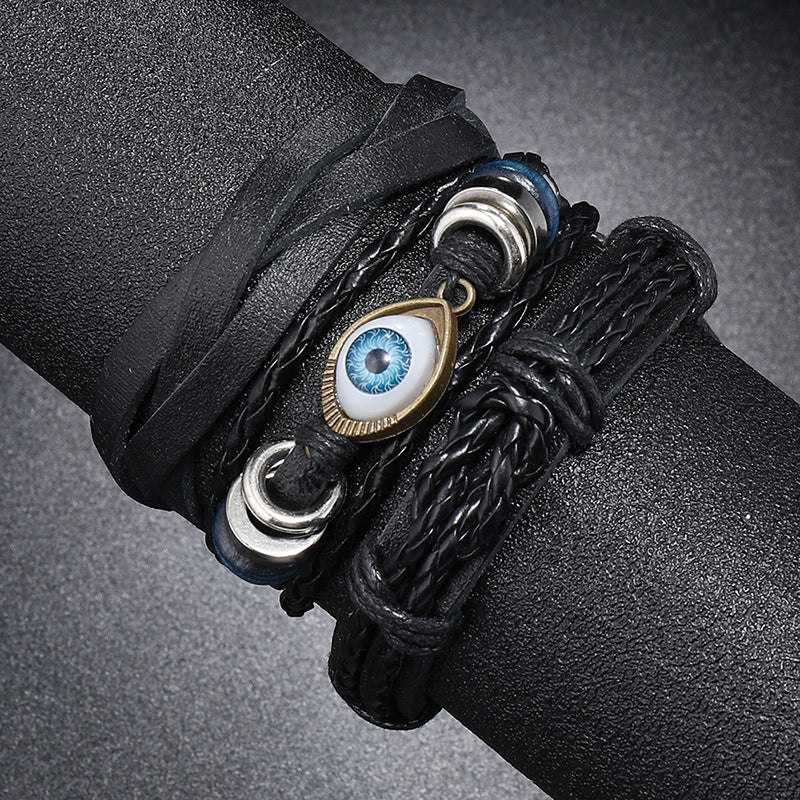 Dreiteiliges Set mit mehrlagigen Armbändern aus Leder mit gewebten Augen für Herren