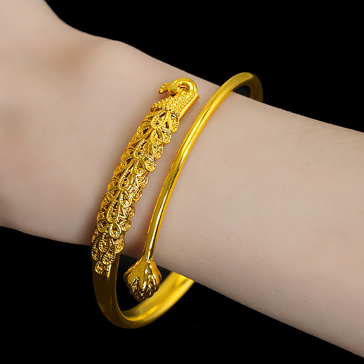 Women's Live Broadcast Ancient Style Alluvial Gold Peacock Push-pull Sterling Sier Bracelets