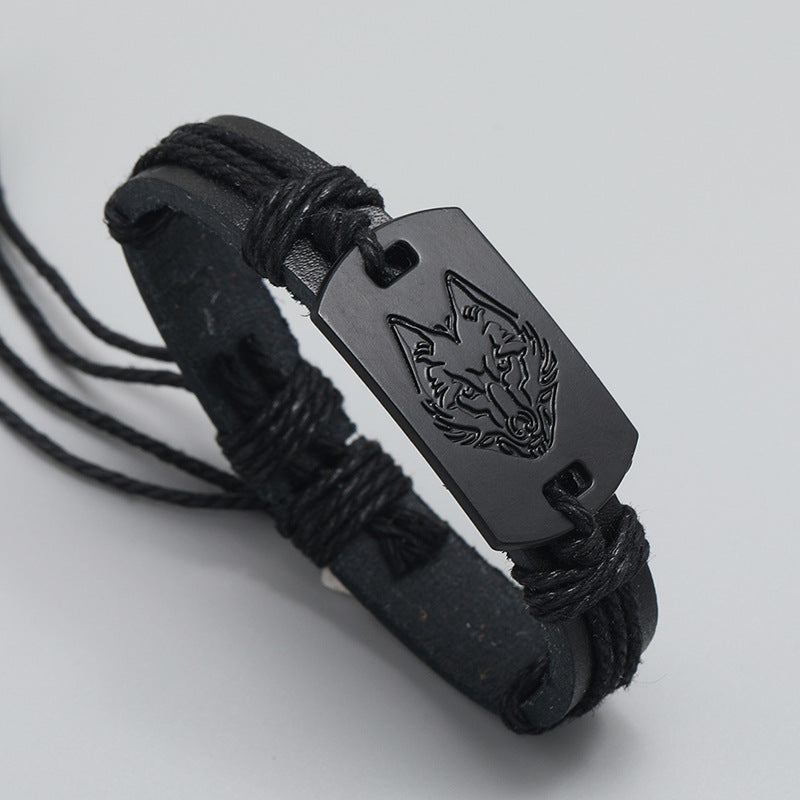 Men's Leather Black Wolf Head Braided Rope Bracelets