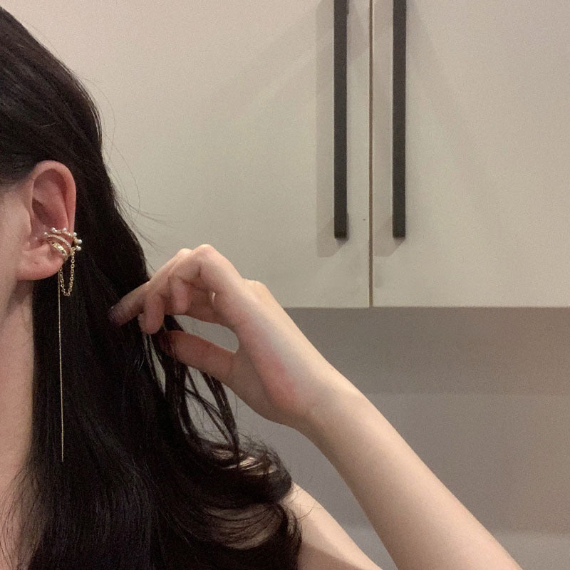 Pearl Zircon Tassel Long Clip-on Elegant Female High Earrings