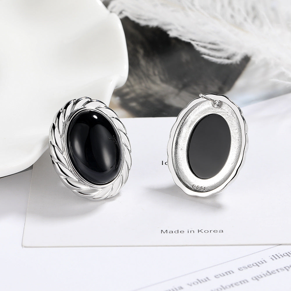 Retro Natural Black Agate Oval Twist Special Interest Earrings