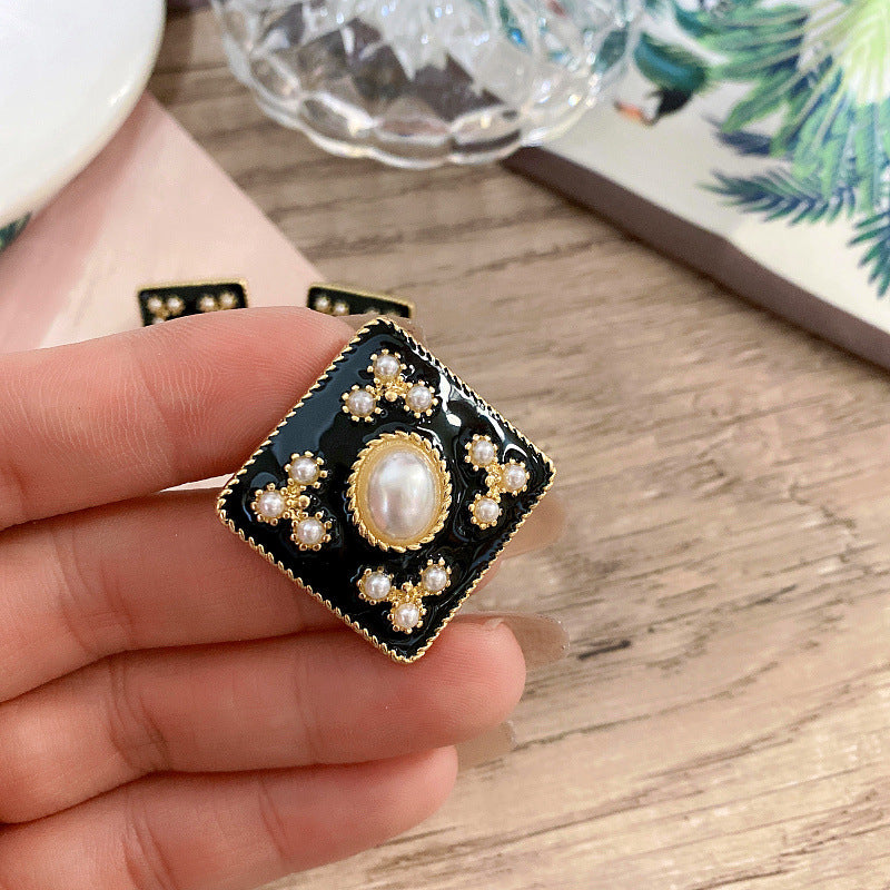 Women's Middle Ancient Drip Glazed Enamel Pearl Brooch French Sier Needle Stud Earrings