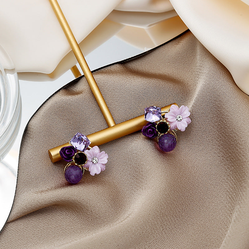 Boucles d'oreilles féeriques en cristal opale et diamant violet, aiguille, fleur