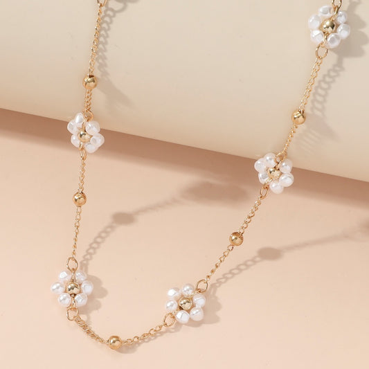 Women's Handmade Beaded Chain Flower Pearl Clavicle Necklaces