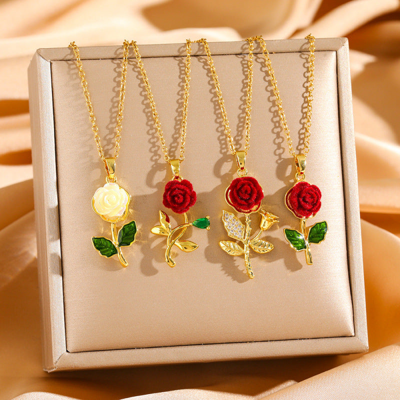 Women's Titanium Steel Rose Full Diamond Light Luxury Temperament Gorgeous Clavicle Necklace