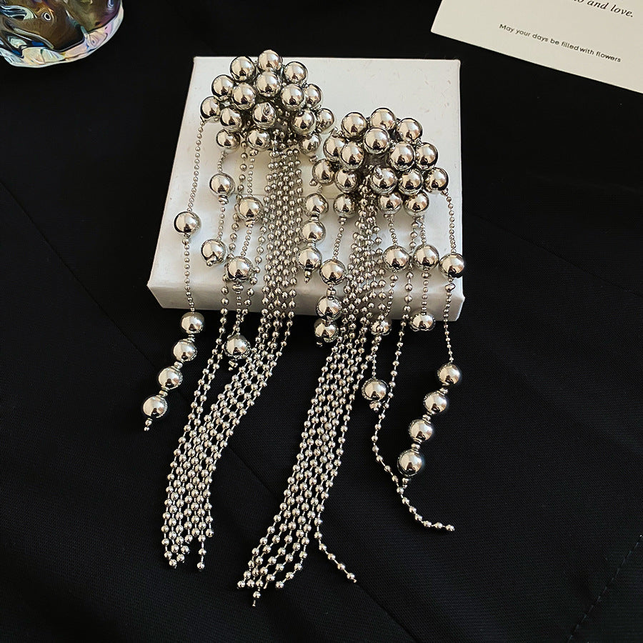 Sier Needle Matte Ear Hook Diamond Design Tassel Light Luxury Earrings