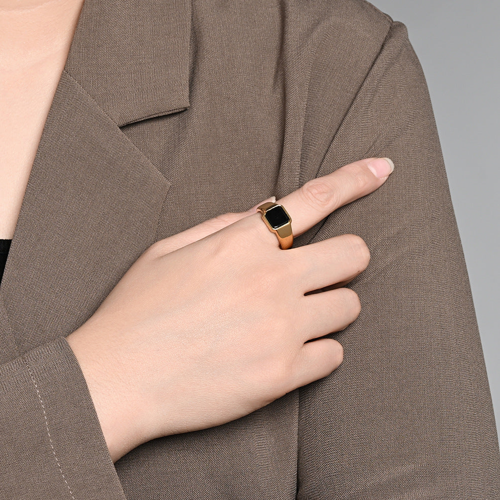 Women's & Men's Style Geometric Design Titanium Steel Black Onyx Niche Ring