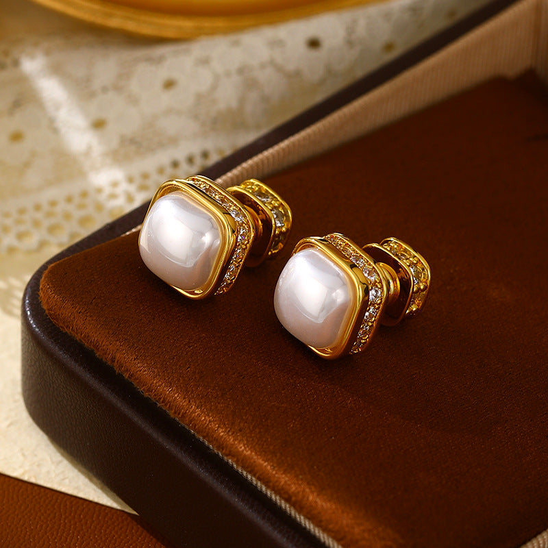 Electroplated Zircon Cube Sugar Pearl Light Luxury High-grade Temperament Versatile Earrings