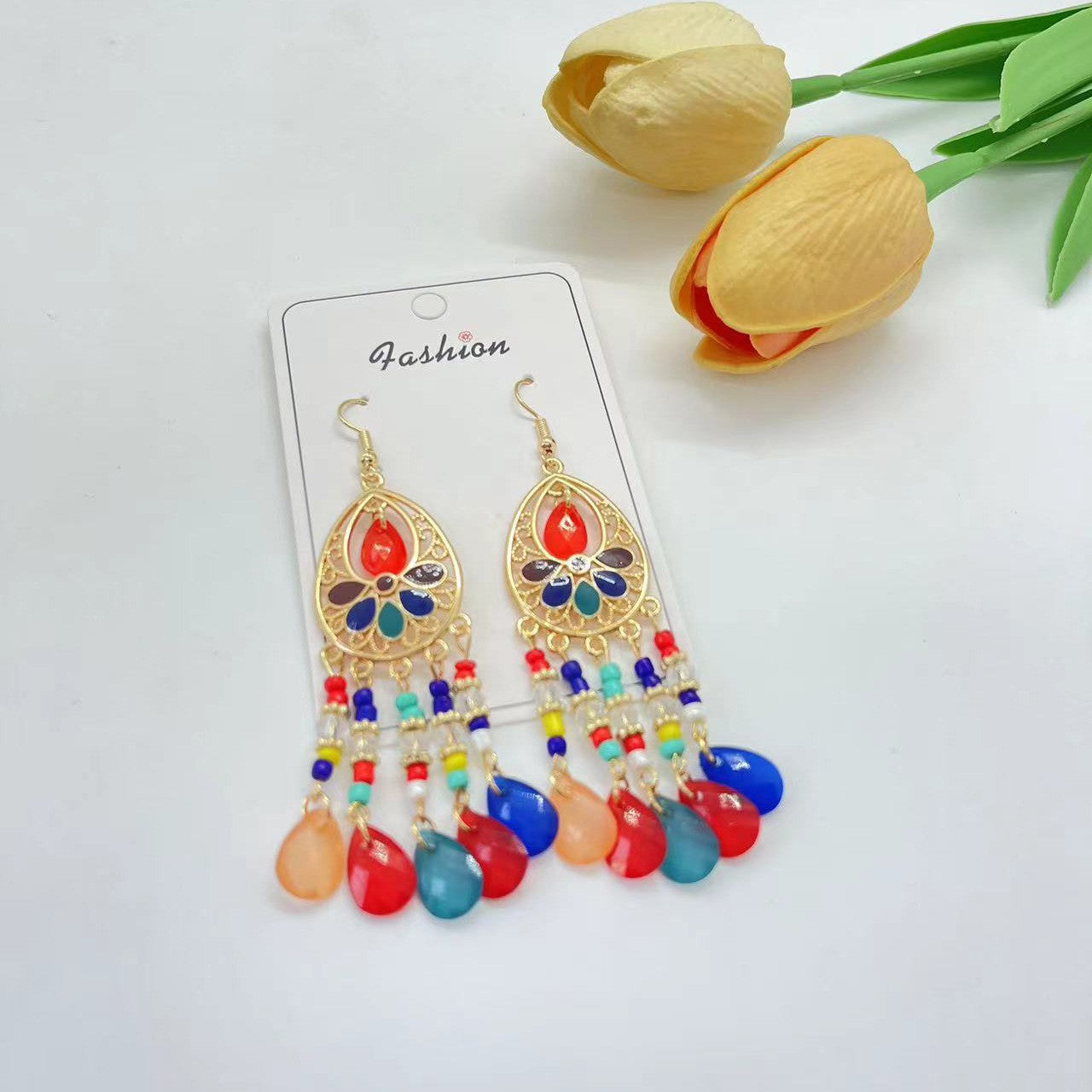 Ethnic Style Tassel Long Bohemian Crystal Yunnan Summer Earrings