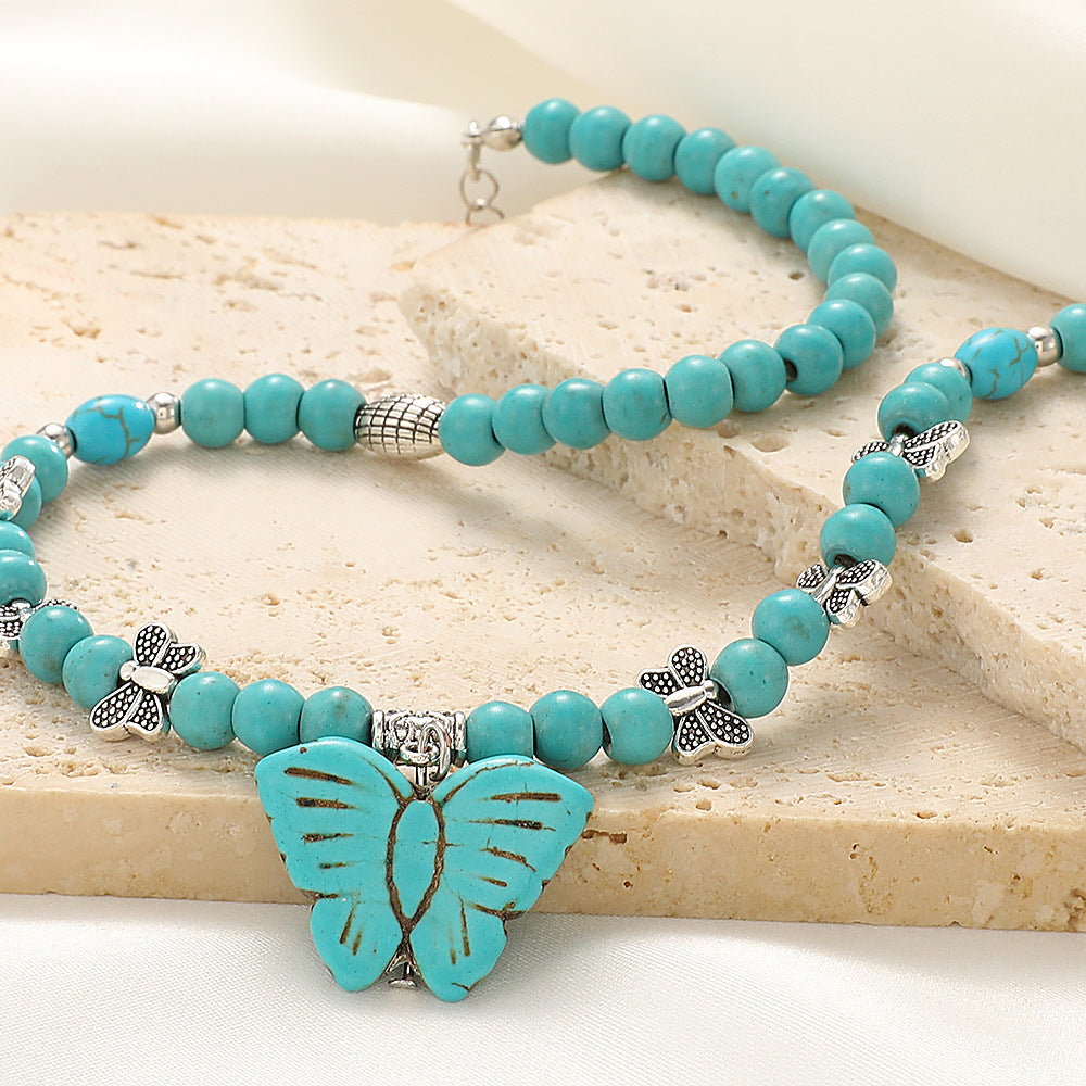 Colliers avec pendentif papillon Turquoise pour femmes, Style ethnique bohème