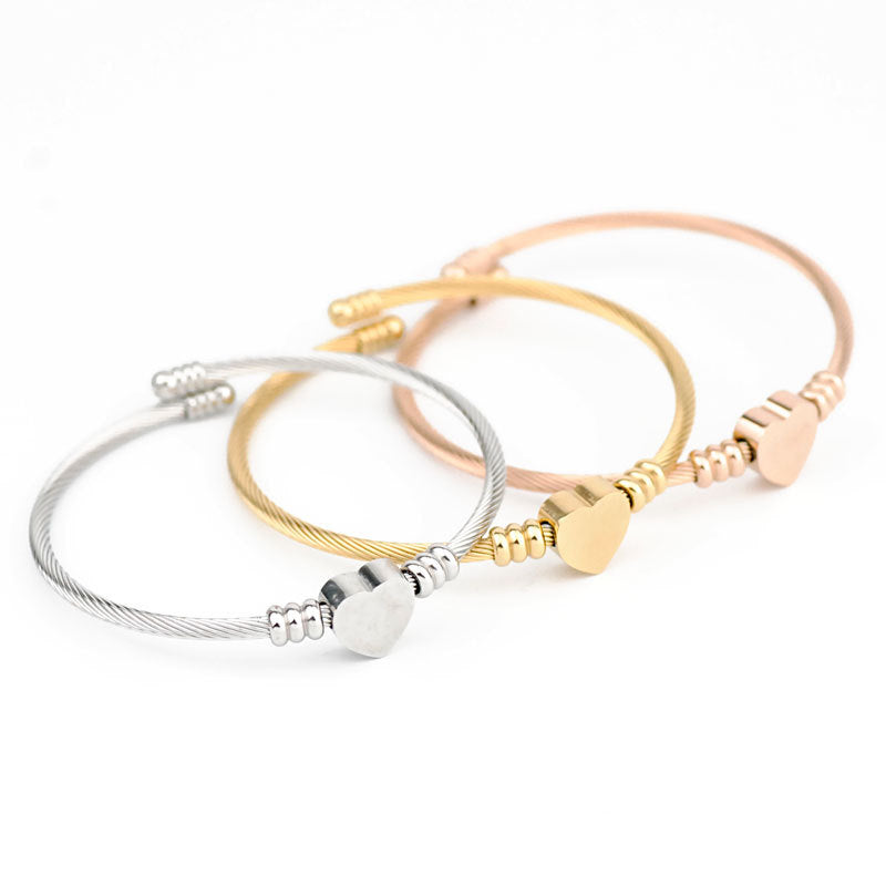 Stainless Steel Cable Wire Titanium Peach Heart Love Lettering Bracelet