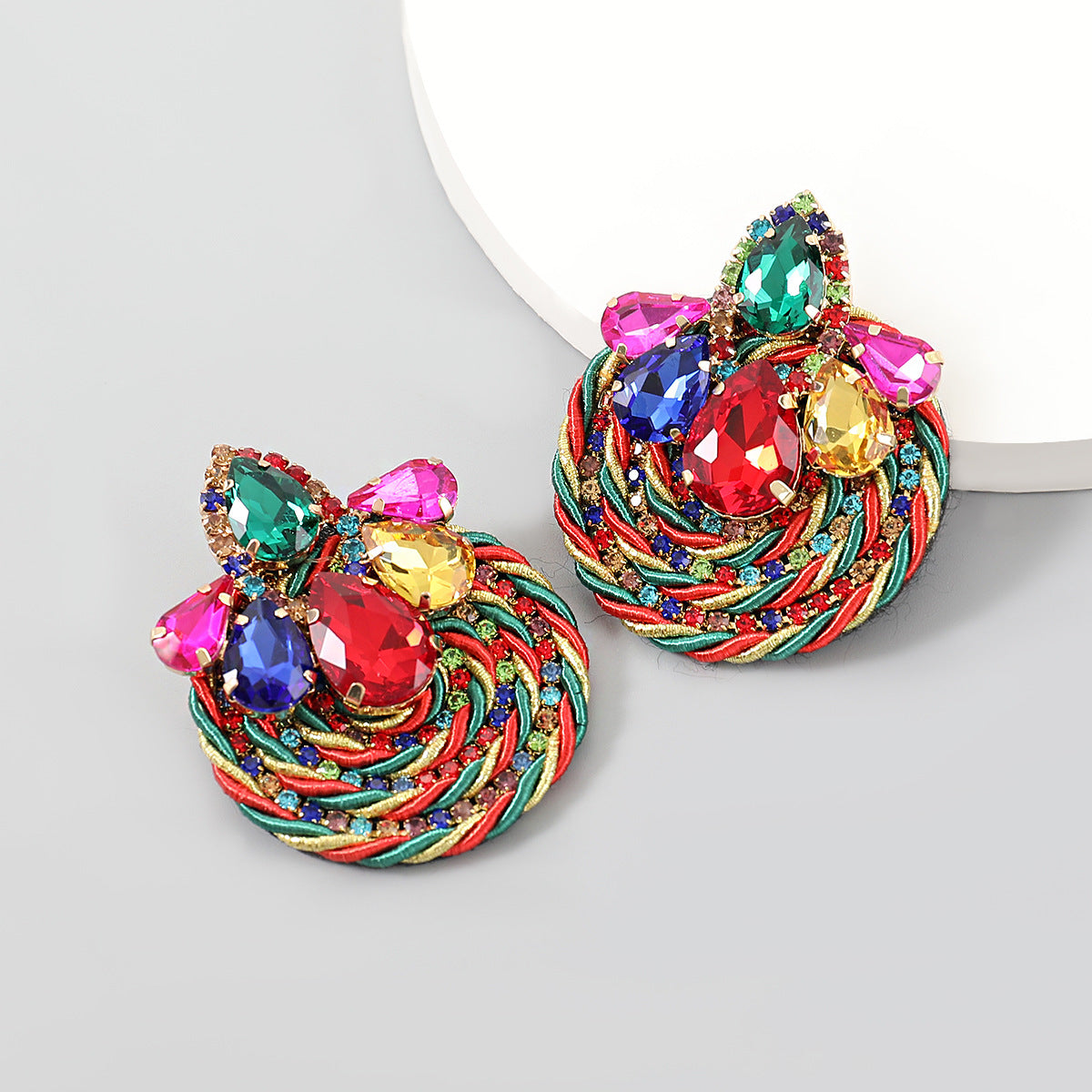 Women's Alloy Diamond Drop-shaped Glass Drill Polyester Filament Woven Round Earrings