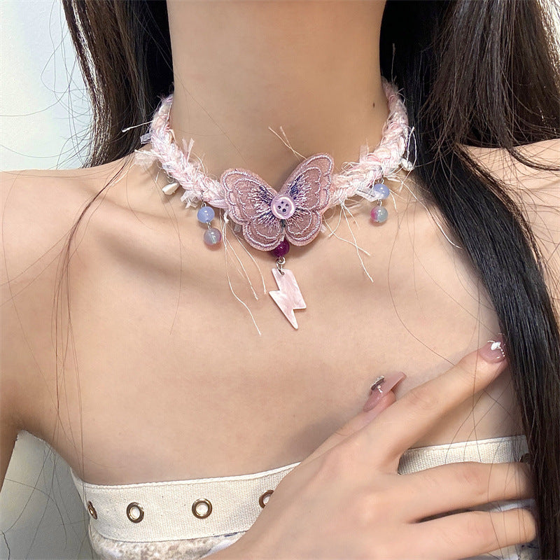 Pink Butterfly Tassel Woolen Cross Clavicle Necklaces