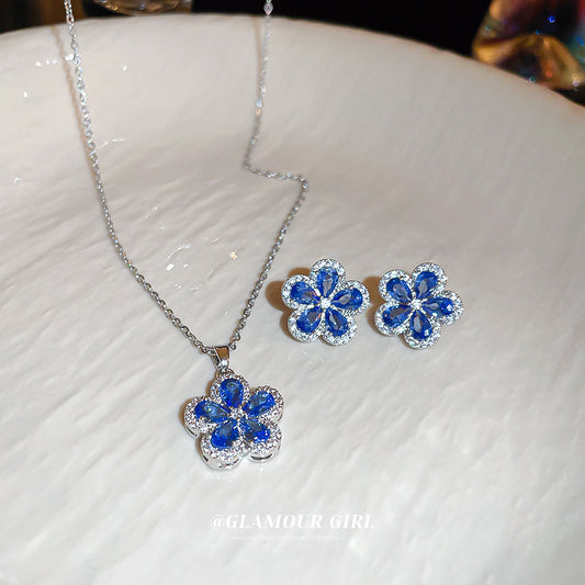 Needle Micro Inlaid Zircon Blue Flower Fresh Personality Earrings