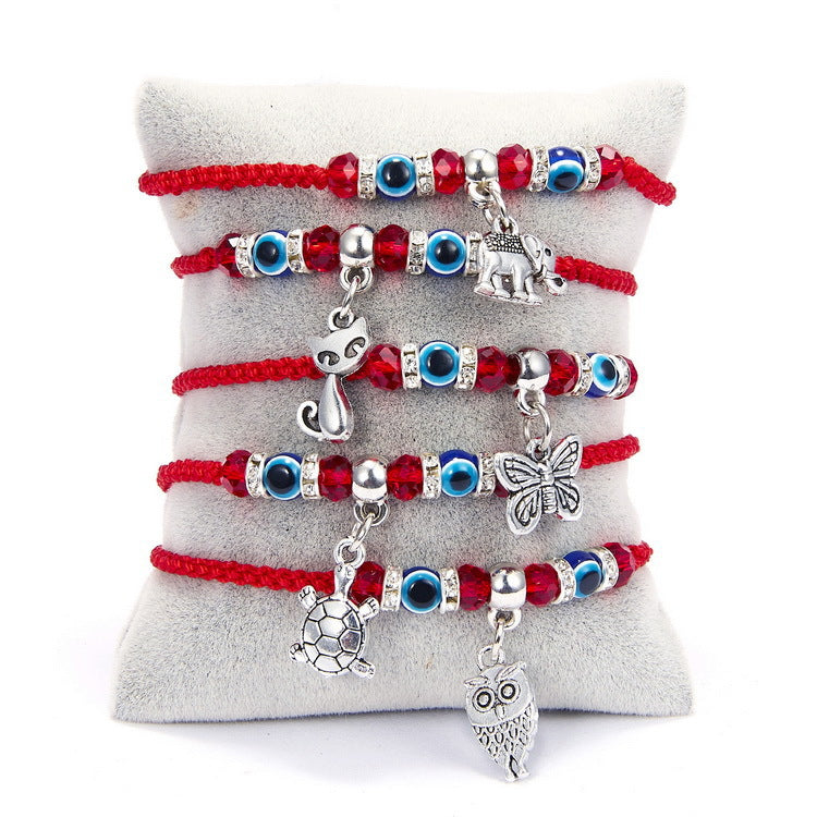 Bracelets réglables en corde rouge, hibou, yeux bleus, mauvais œil, tresse