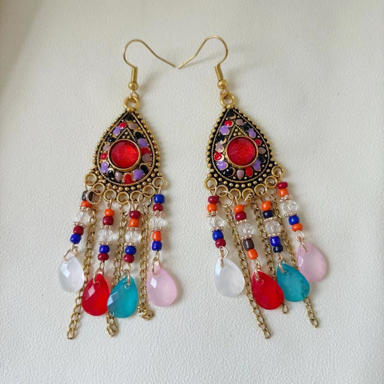 Ethnic Style Tassel Long Bohemian Crystal Yunnan Summer Earrings