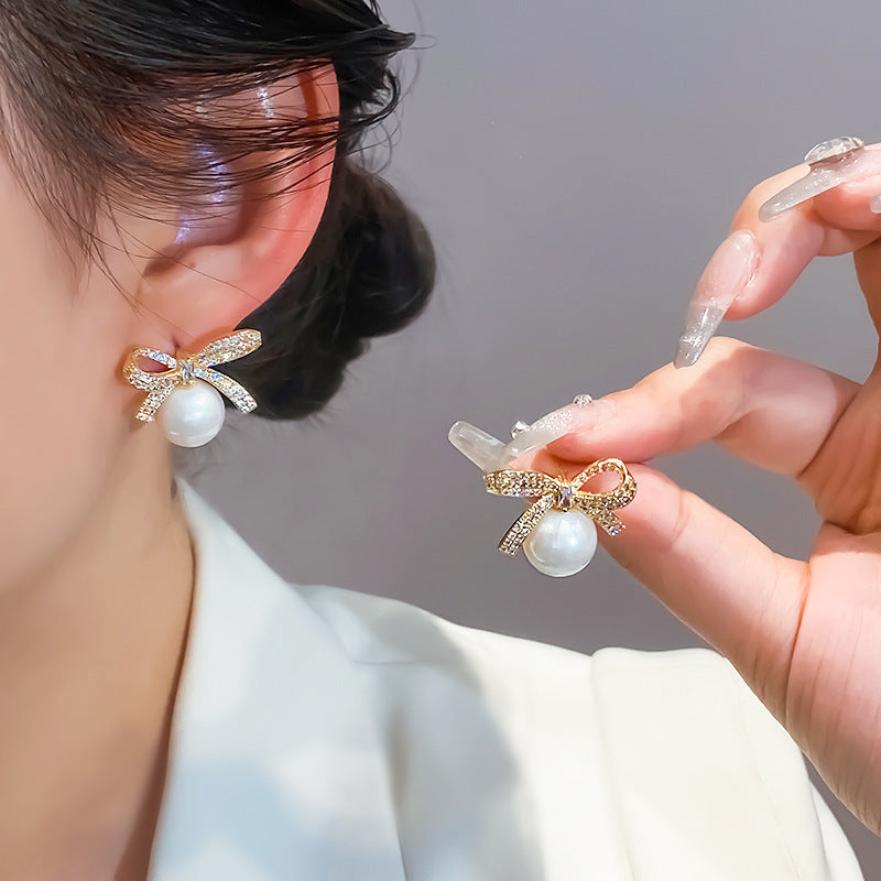 Sier Needle Graceful Bow Pearl Female Earrings