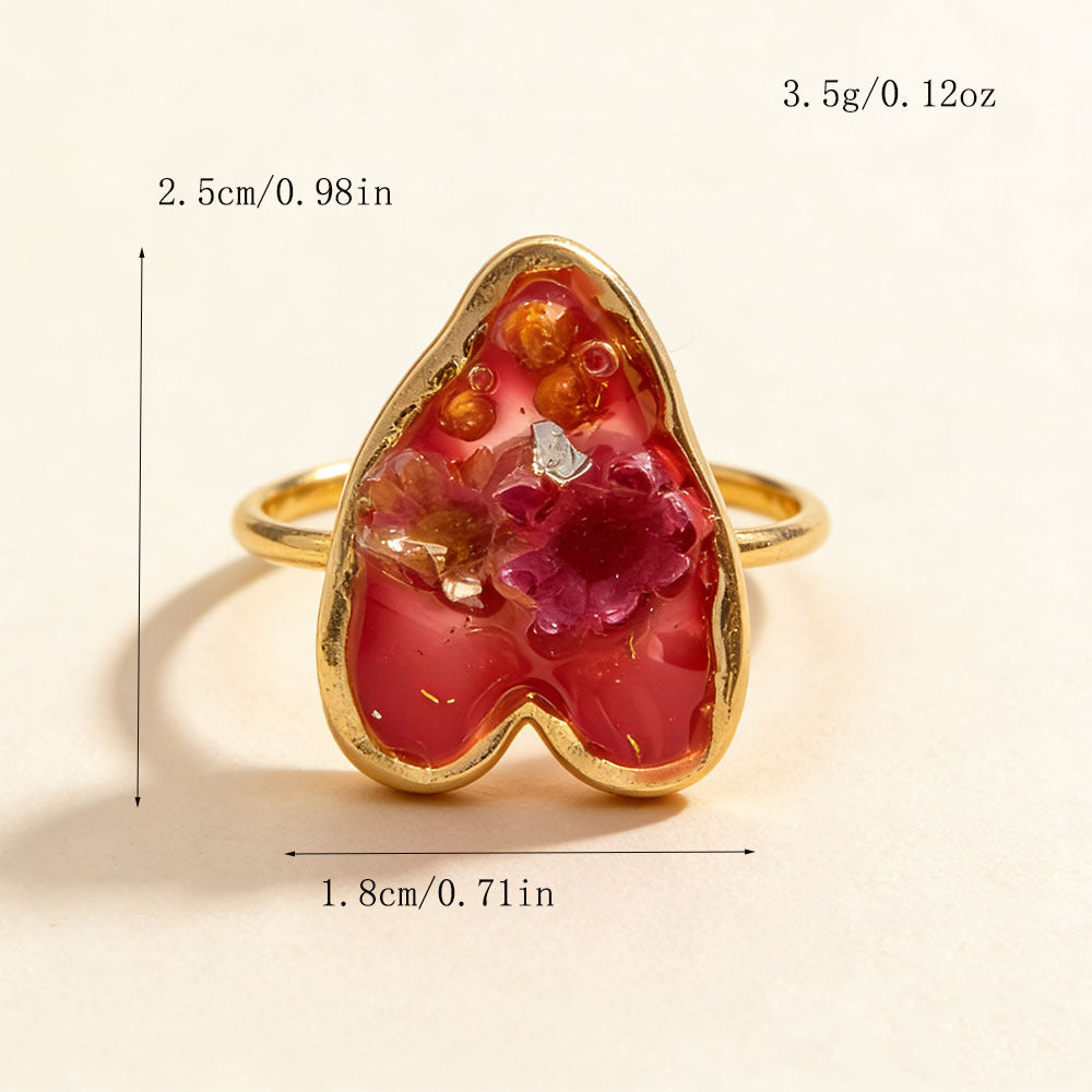 Dried Flowers Gypsophila Peach Heart Square Resin Stainless Steel Open Ring