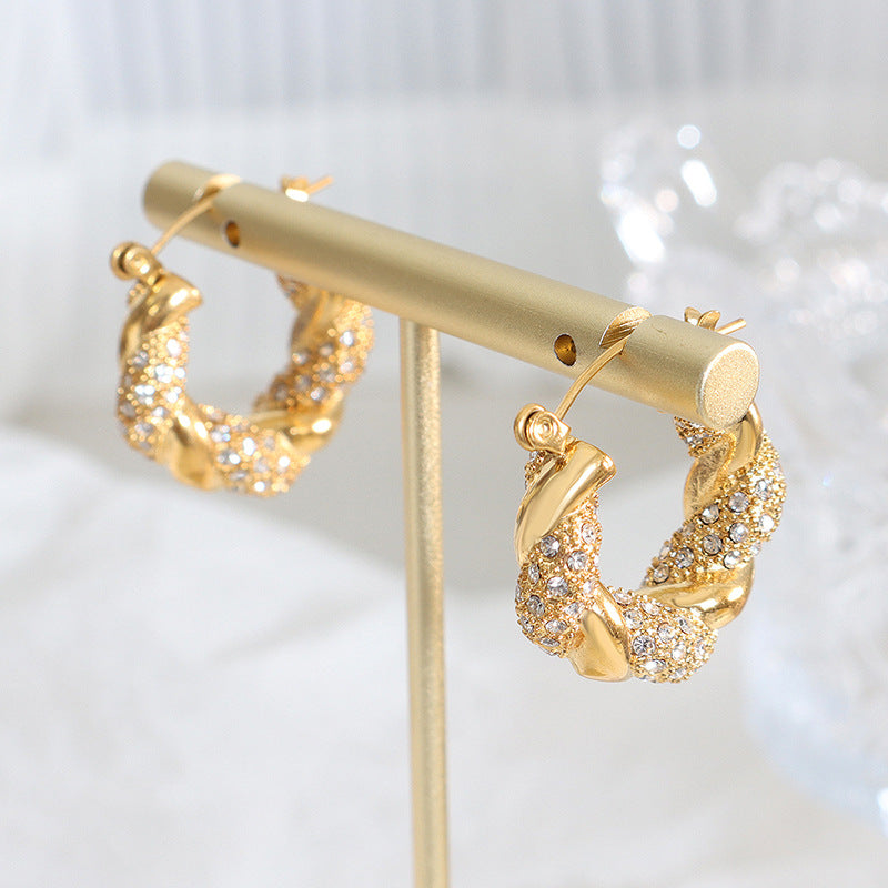 U-shaped Titanium Steel Gold-plated Zircon Twist Earrings