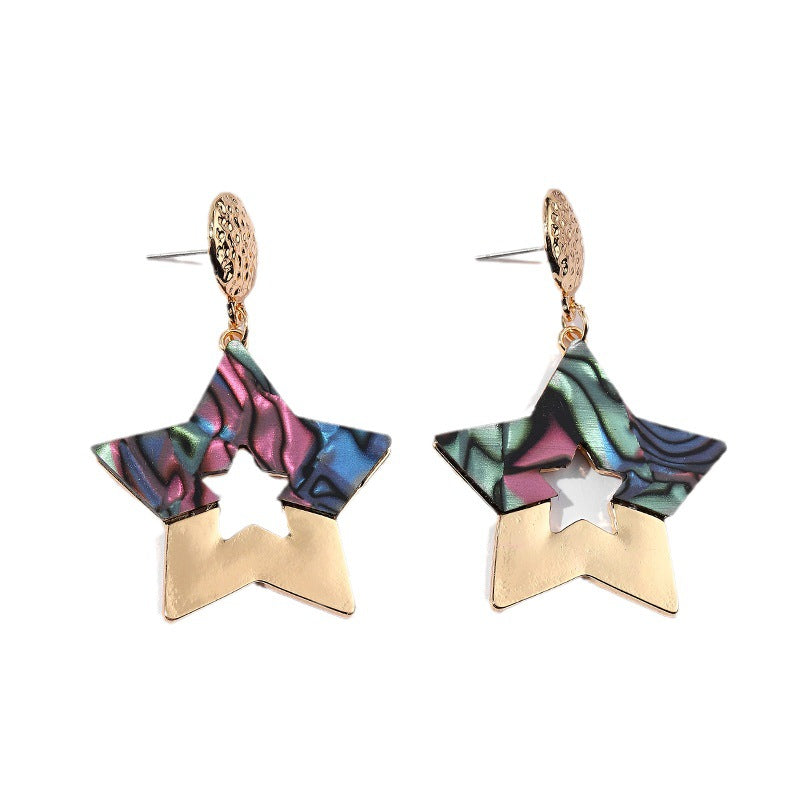 Daily Colorful Five-pointed Star Hollow Out Stitching Pendant Earrings