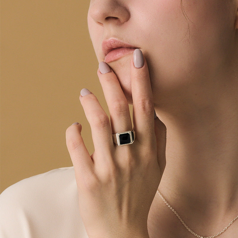 Fashion Simple Square Black Agate Sterling Rings