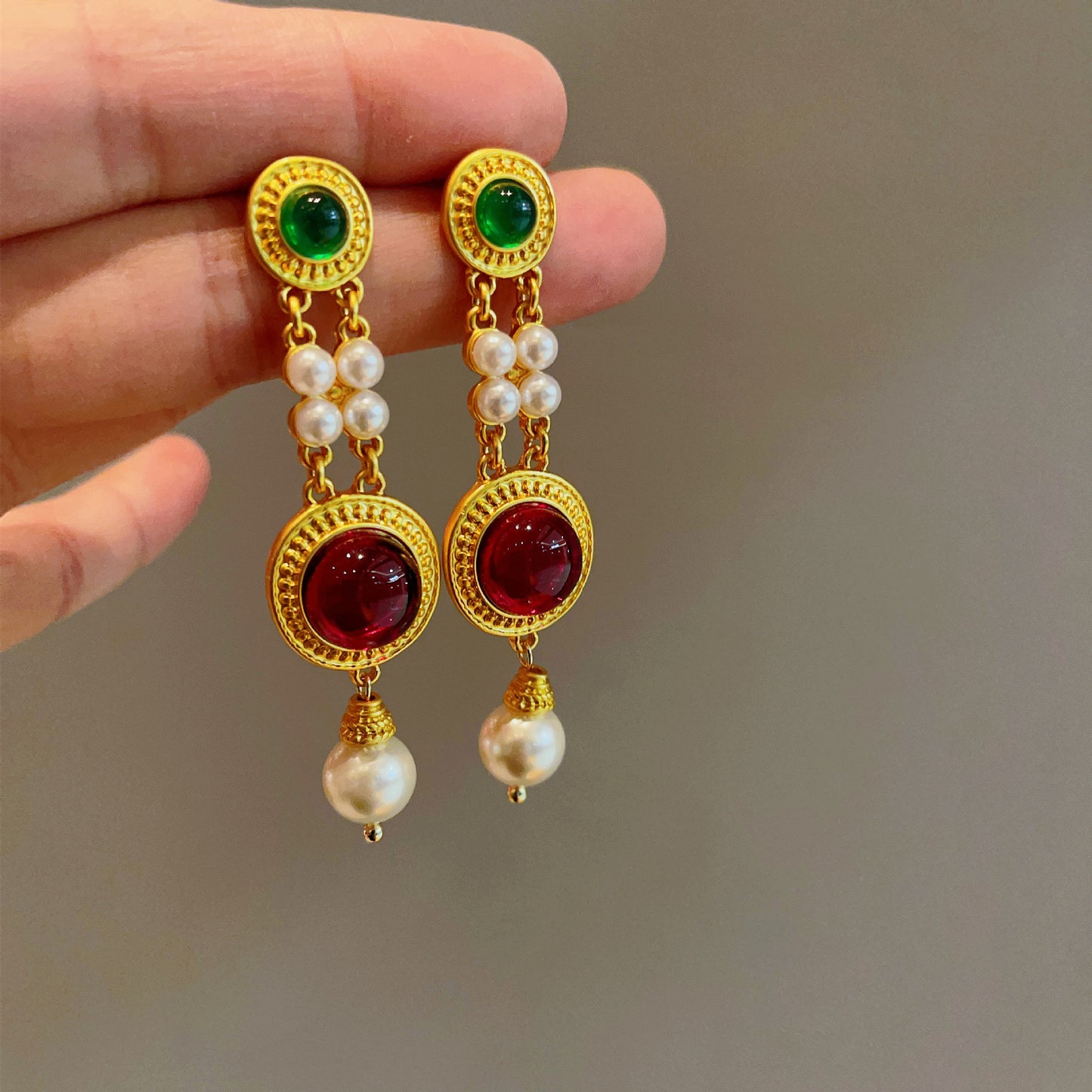 Gold Ancient Style Colored Glaze Pearl Exaggerated Temperamental Personalized Earrings