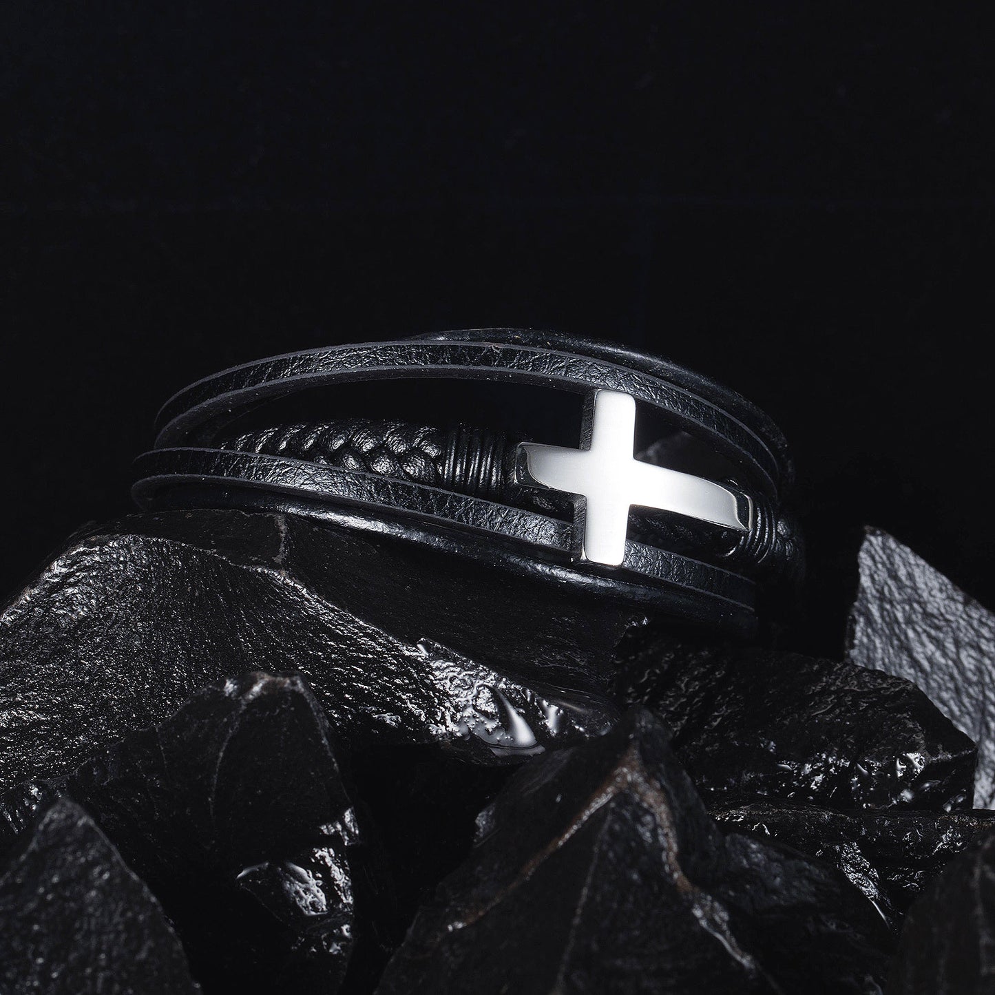 Kreuz-Edelstahl-Leder-Hip-Hop-Punk-Armbänder