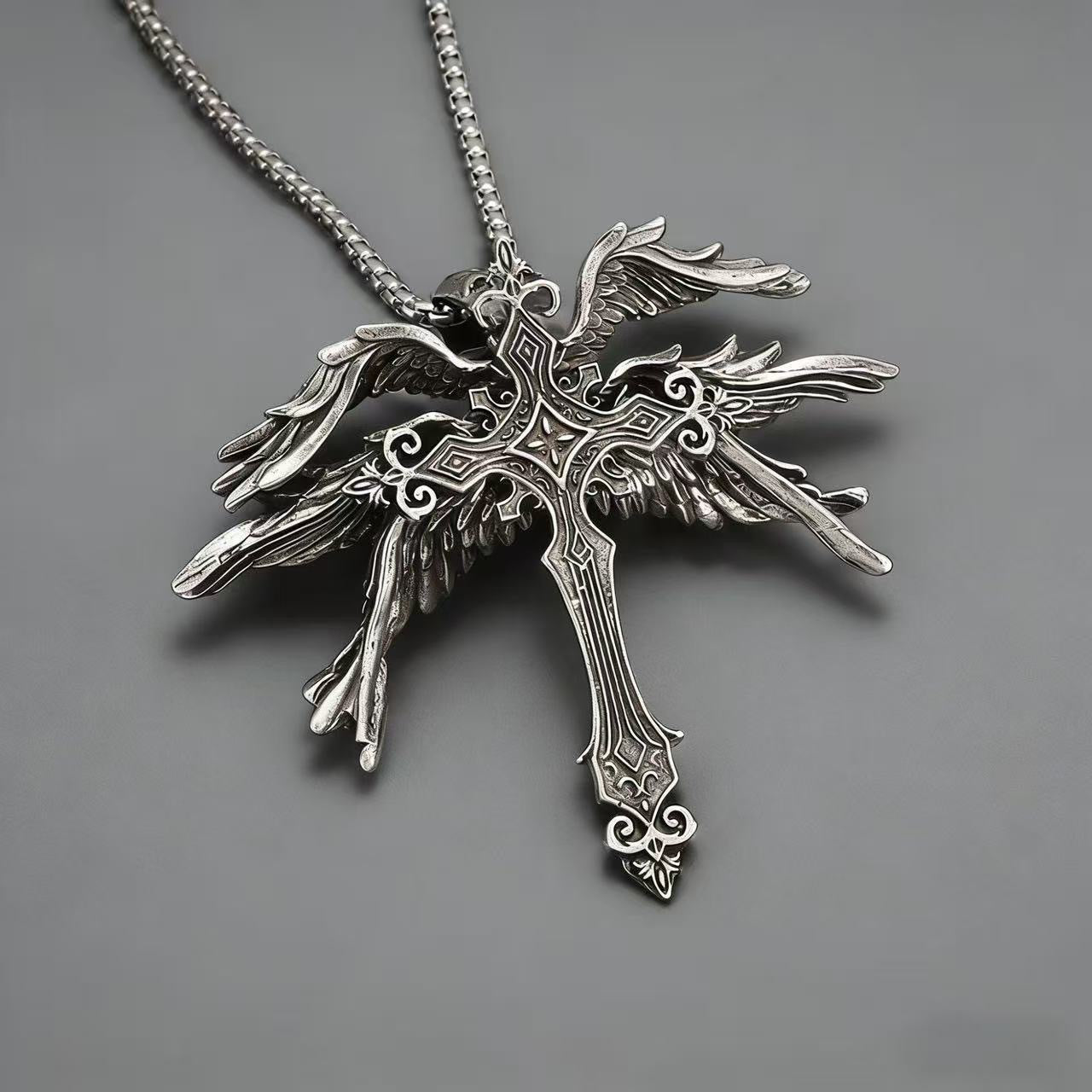 Women's & Men's Retro Dark Angel Wings Cross Trendy Personalized Sweater Necklaces