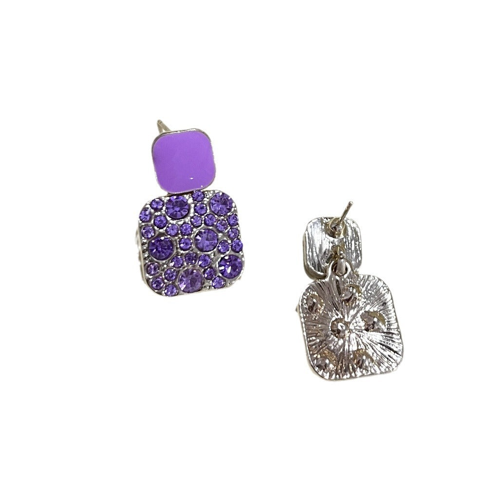 Square Alloy Oil Dripping Purple Full Diamond Elegant Ear Earrings