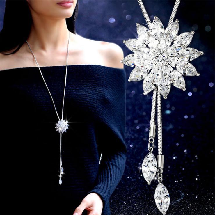 Korean Style Snowflake Flower Crystal Zircon Sweater Chain Fashion Long Necklace